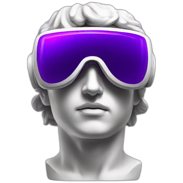 an EMOJI OF A ancient young greek statue, wearing VR headset, purple colors, DIGITAL UNIVERSE emoji