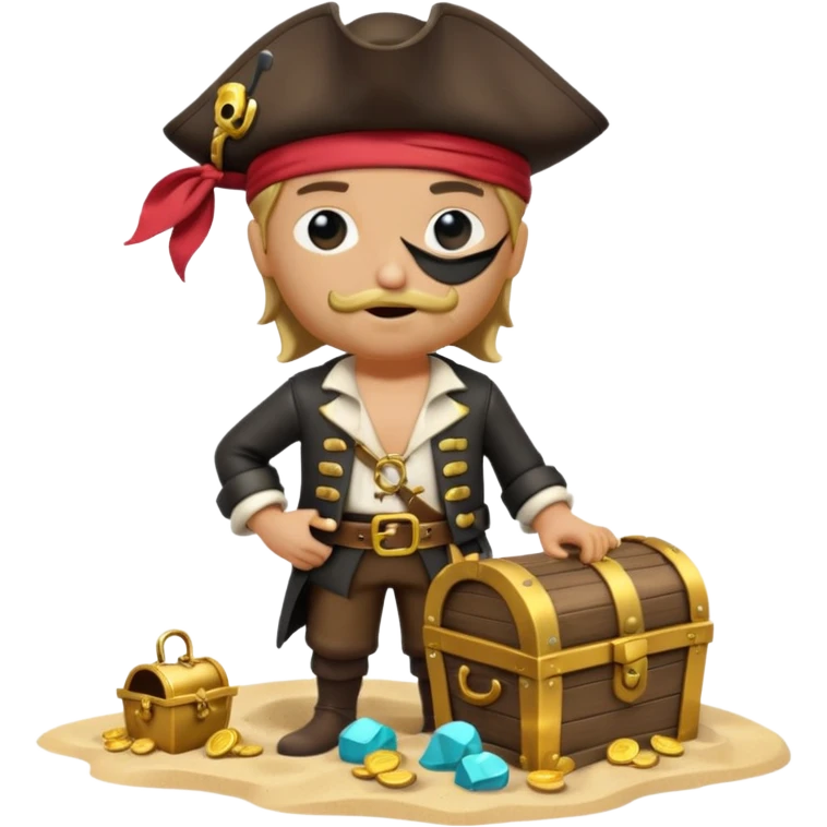 A 3D cartoon pirate with one eye covered by a black eye patch, holding a treasure chest of gold, wearing a hat, standing on sand, Memoji-style. emoji