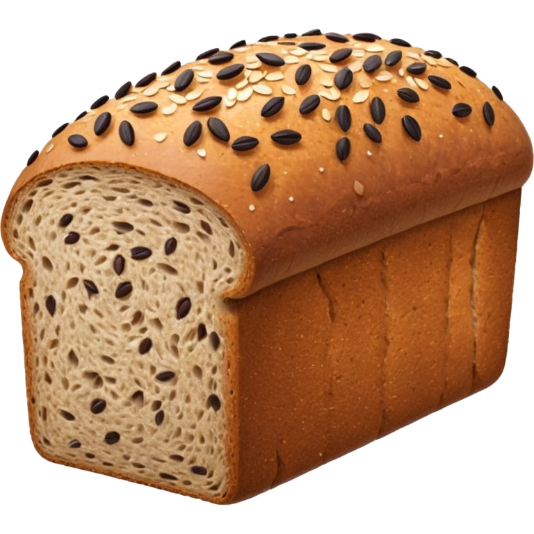 dense rectangular loaf of whole grain bread with dark brown crust, coarse textured surface speckled with seeds, slightly domed matte top, rustic hearty look, one or two thick slices beside it revealing grainy compact crumb, no plate, knife, or extras, soft lighting, subtle shadows, emoji scale emoji