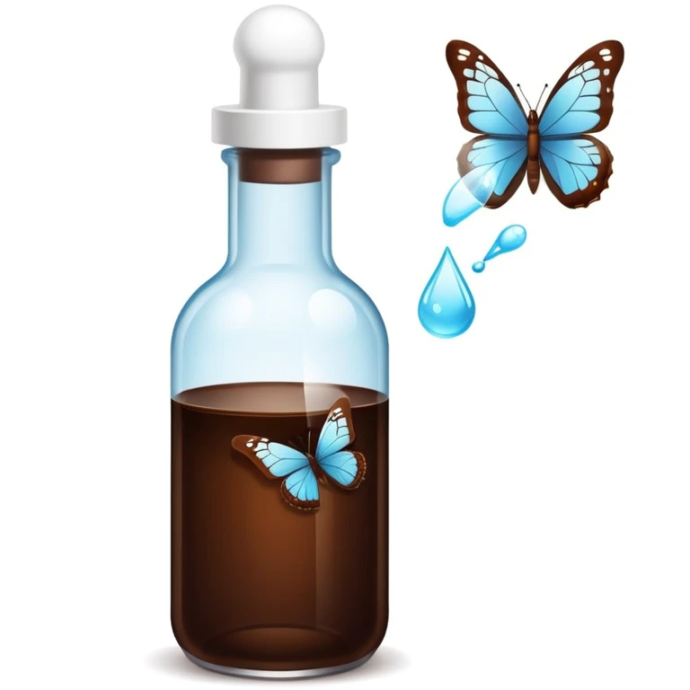 Small dark brown bottle with white cap floating next to a bright translucent butterfly-shaped thyroid icon, representing connection with metabolism and hormonal system emoji