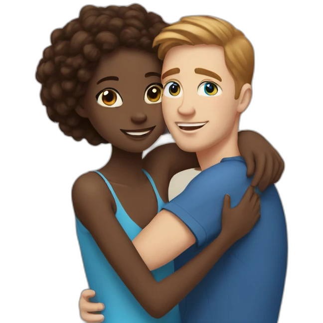 black girl and white guy with brown hair and blue eyes  hugging emoji