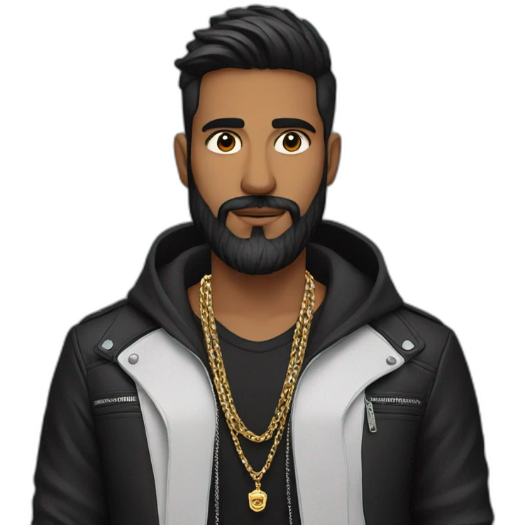 An Indian man with beard wearing men silver chain,styled on a black jacket emoji