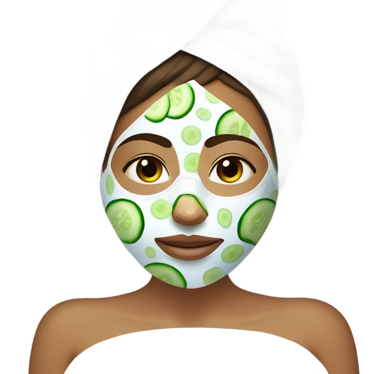 Girl with freackles Brown hair white skin and blue eyes wears Green colored texture skin care mask while She relaxes and puts two round piece of cucumber on her closed eyes In a white Robe emoji