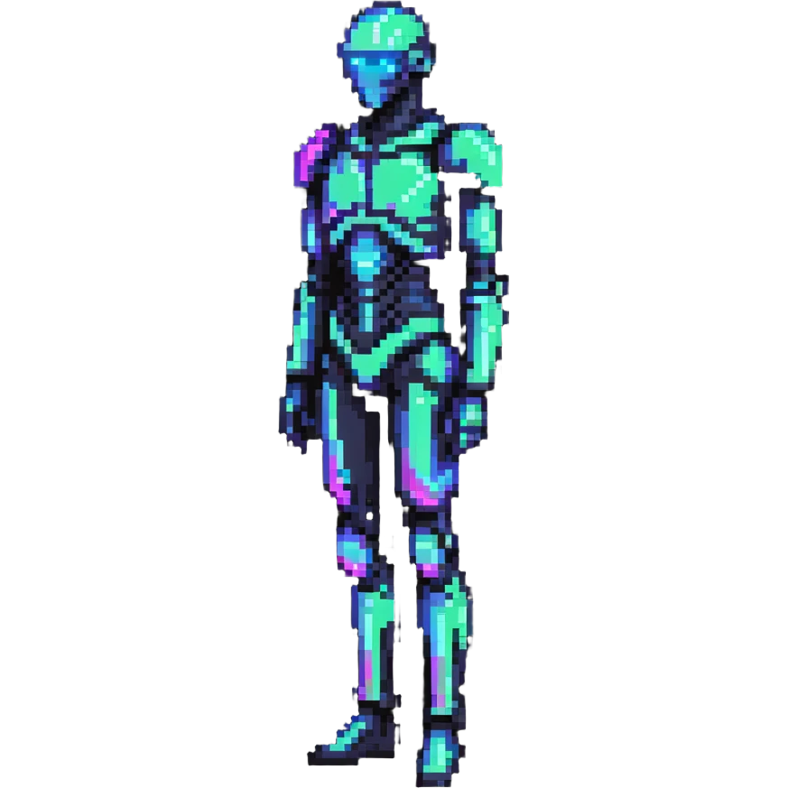 Pixelated future human with neon highlights, tech-enhanced body, and holographic elements emoji