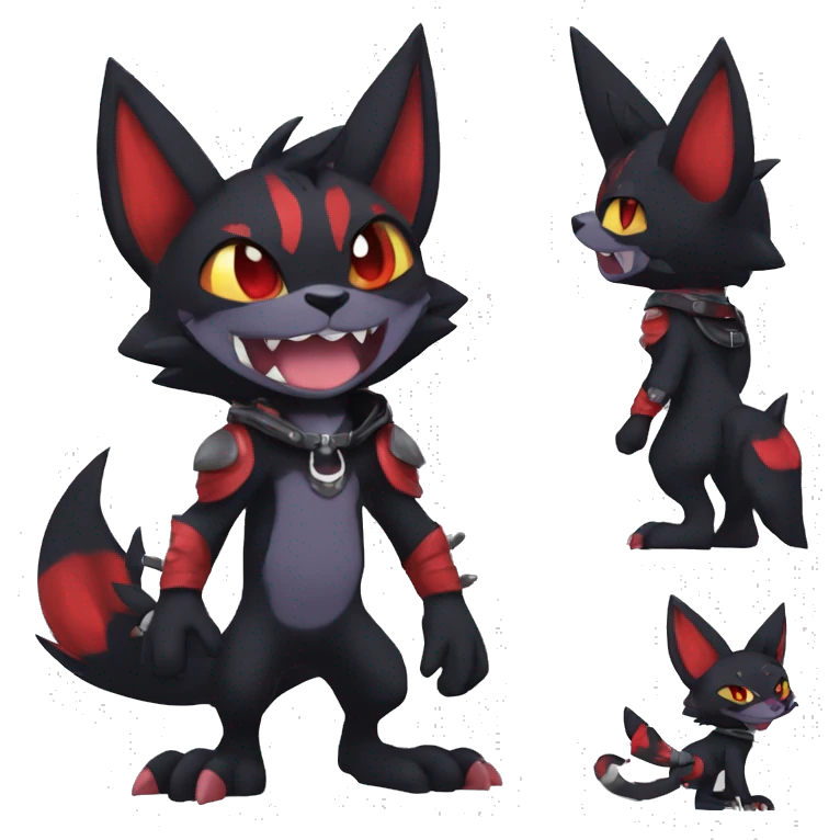 Black Anthro Cool Punk Noibat-Litten-Fakemon-fursona with fangs and red markings Full Body emoji