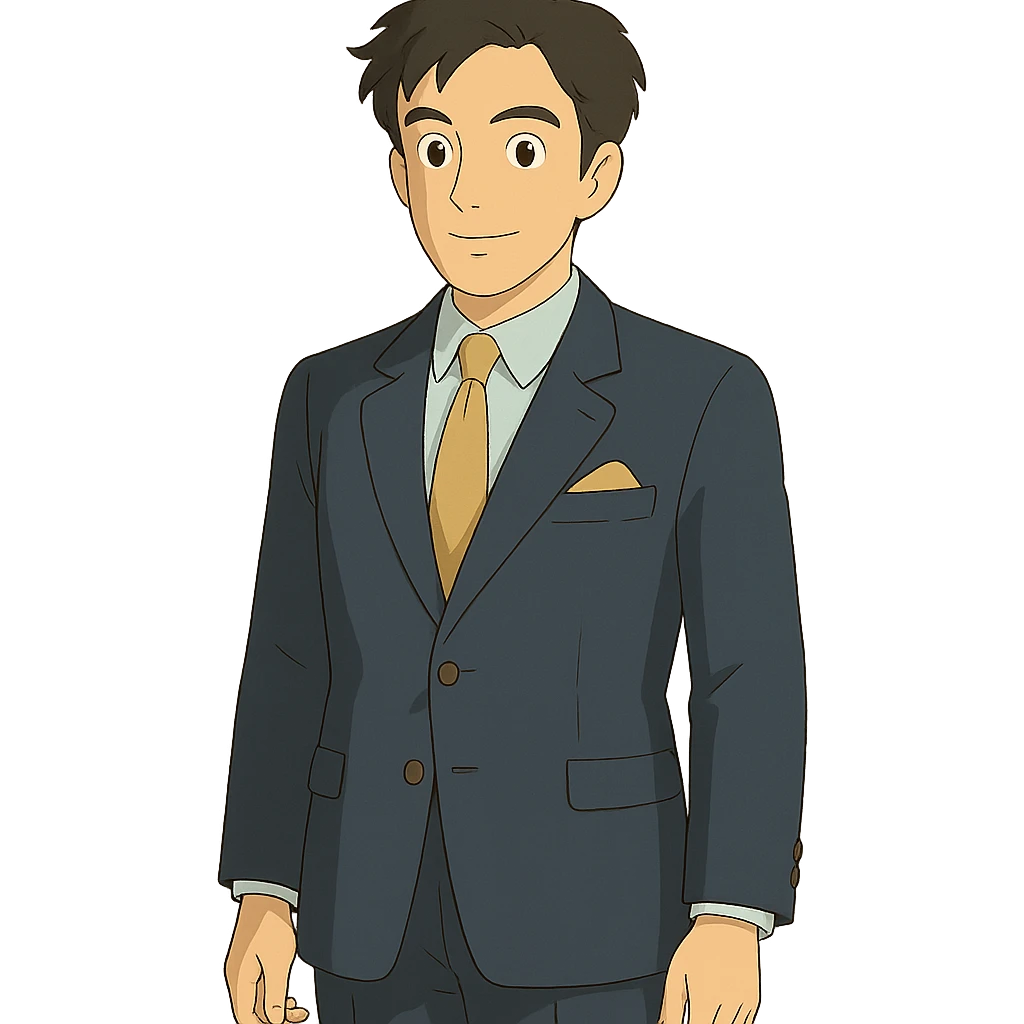 ghibli style man, formal suit emoji
