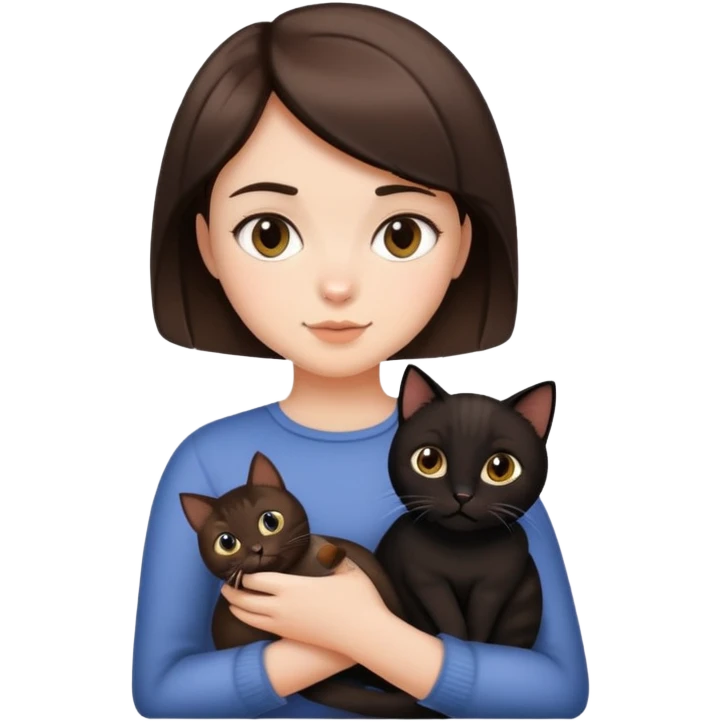 a brunette girl with short hair holding a black and brown cat emoji
