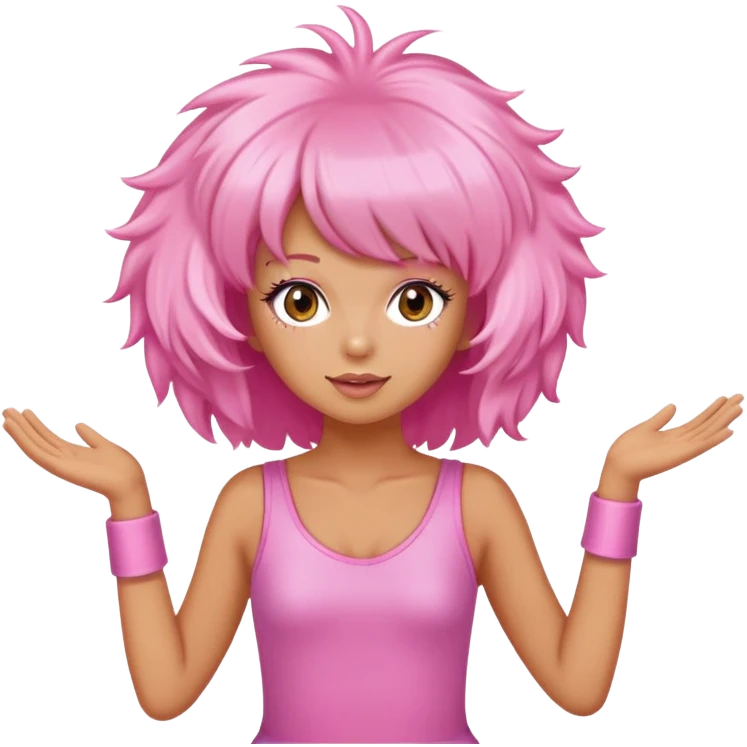 a girl wearing a pink fluffy wig with tanned skin dancing to starships emoji