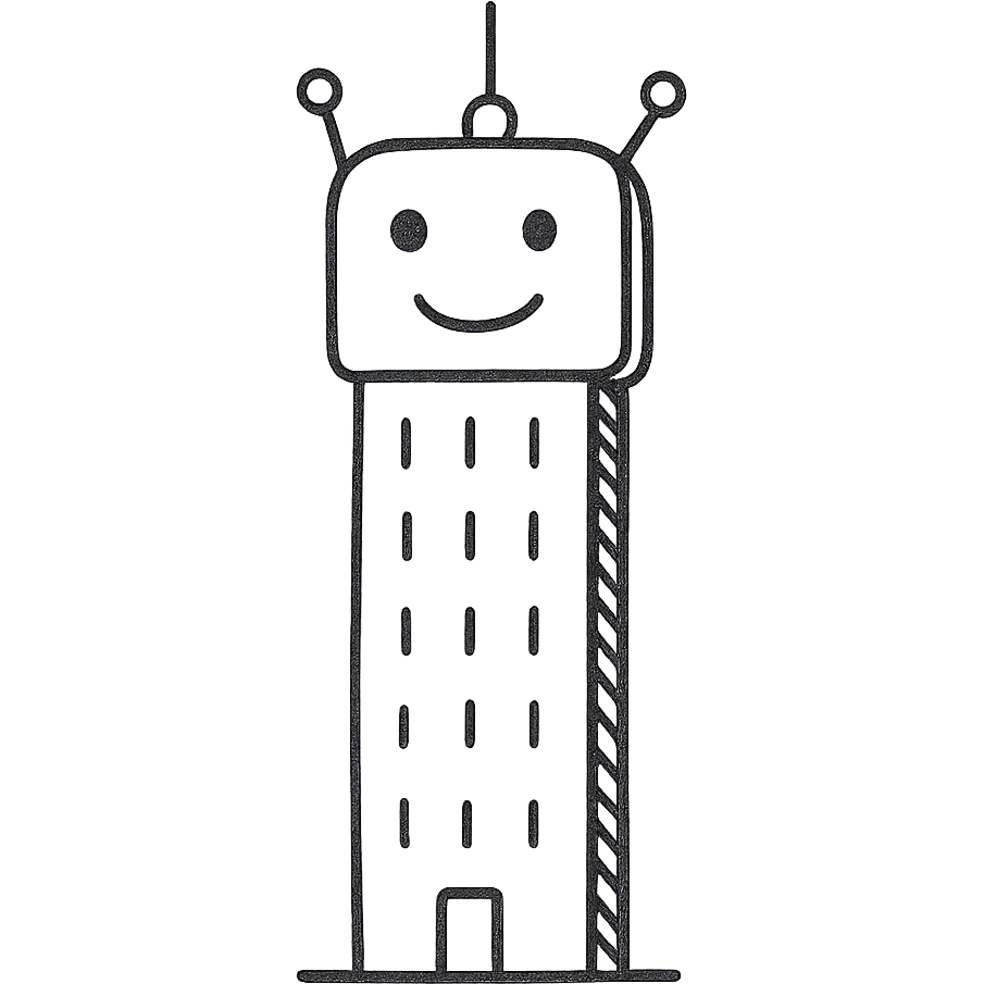 a smiling robot with a skyscraper body emoji