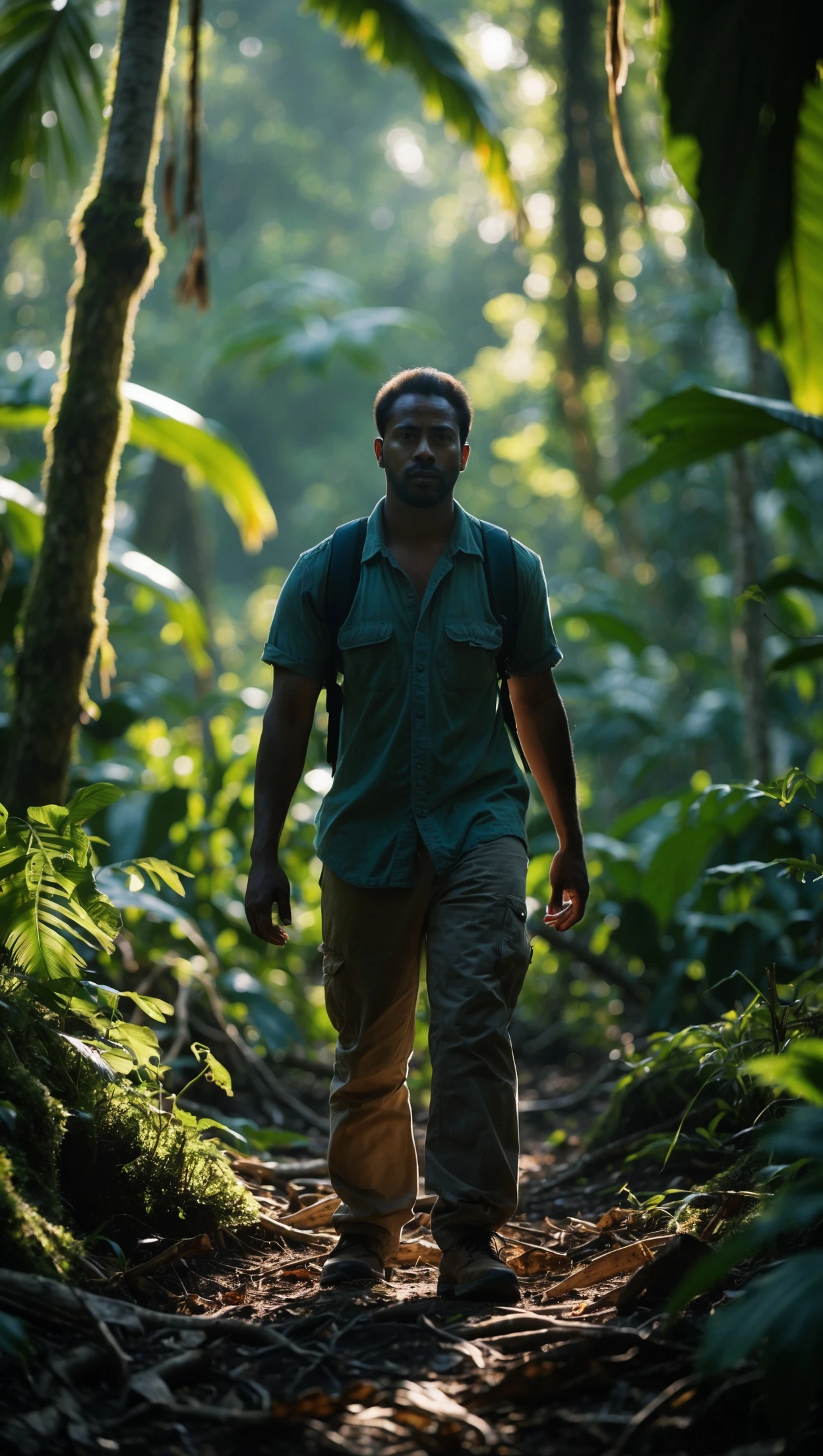 cinematic still, documentary photography, amazon jungle, well lit scene, man is exploring the jungle, close up, front shot emoji