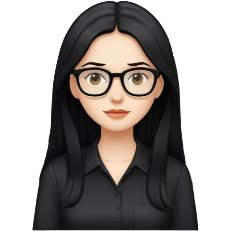 pale woman with long black hair, wearing glasses and black shirt in an office emoji