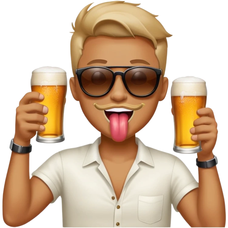 Drinking two beers at the same time, one in each hand, sunglasses on, tongue out of an open mouth emoji