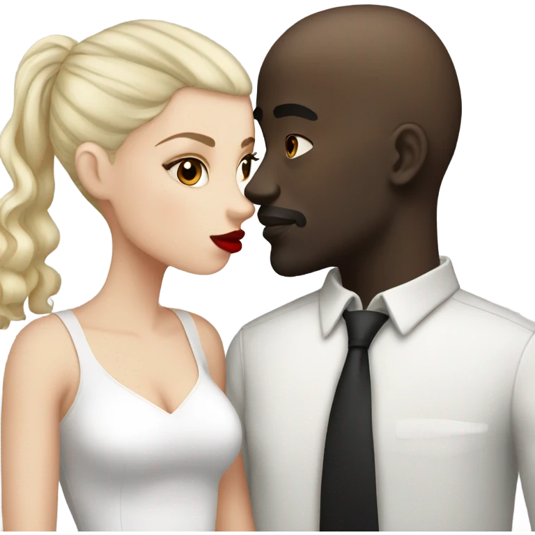 White girl dark hair red lips kissing bald black man emoji