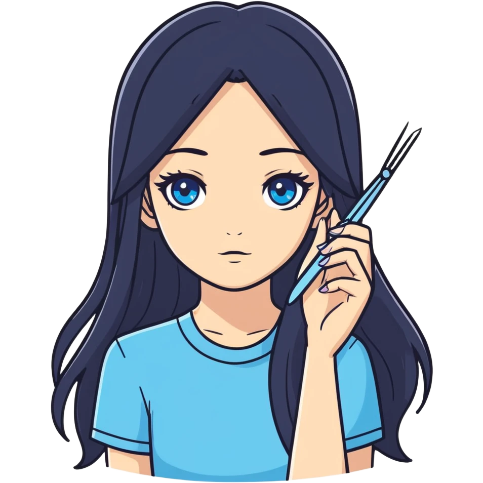 Girl lash-maker, long black hair, blue eyes, with two tweezers for eyelash extensions emoji