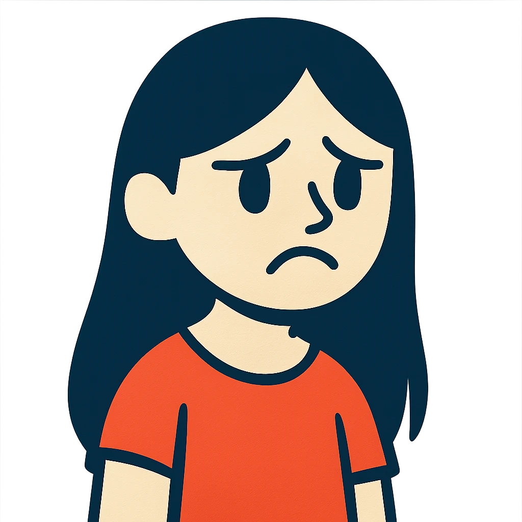 pale girl with long black hair, sad expression, vibrant toon style emoji