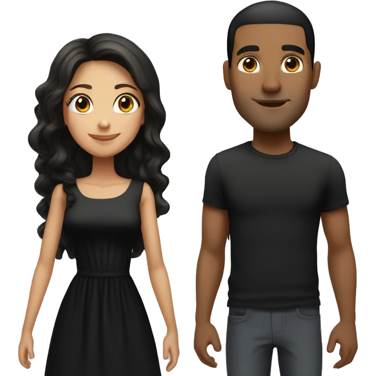A brunette girl with long hair in a black dress stands next to a tall guy with a short-haired black mulatto emoji