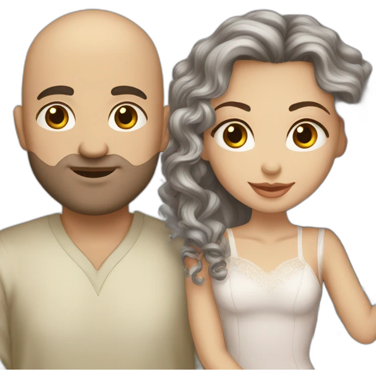 caucasian bald man with grey eyes and a caucasian woman with long curly dark hair and brown eyes kissing emoji