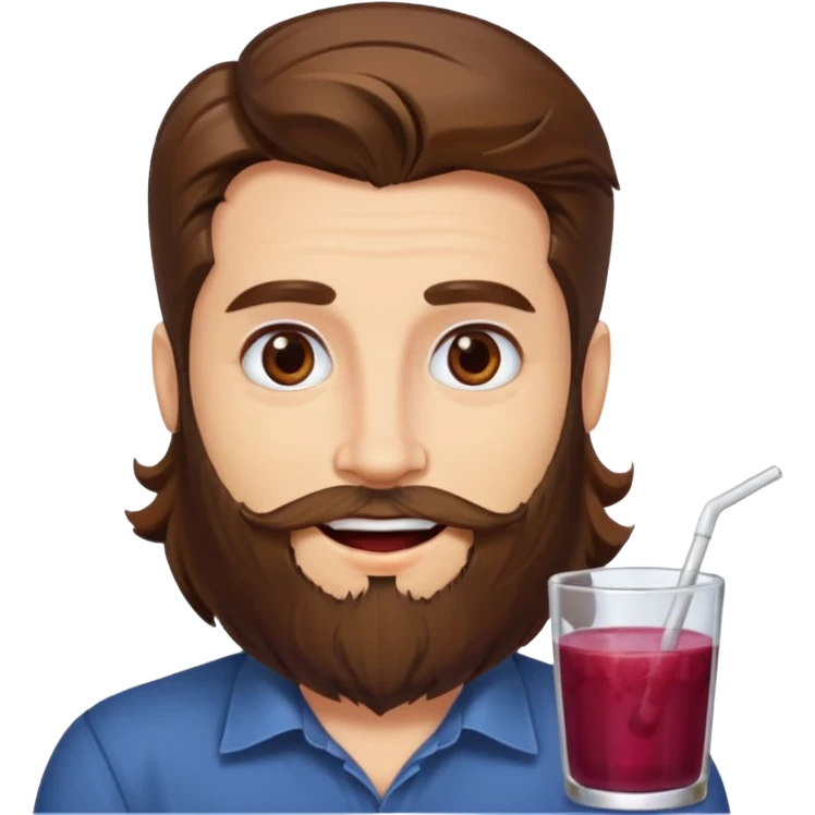 bust man long brown hair brown eyes medium beard white skin with berry juice stained lips grin emoji