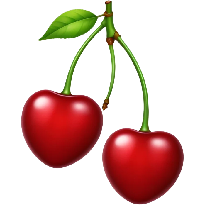 Pair of glossy red cherries with green stem, fruit emoji