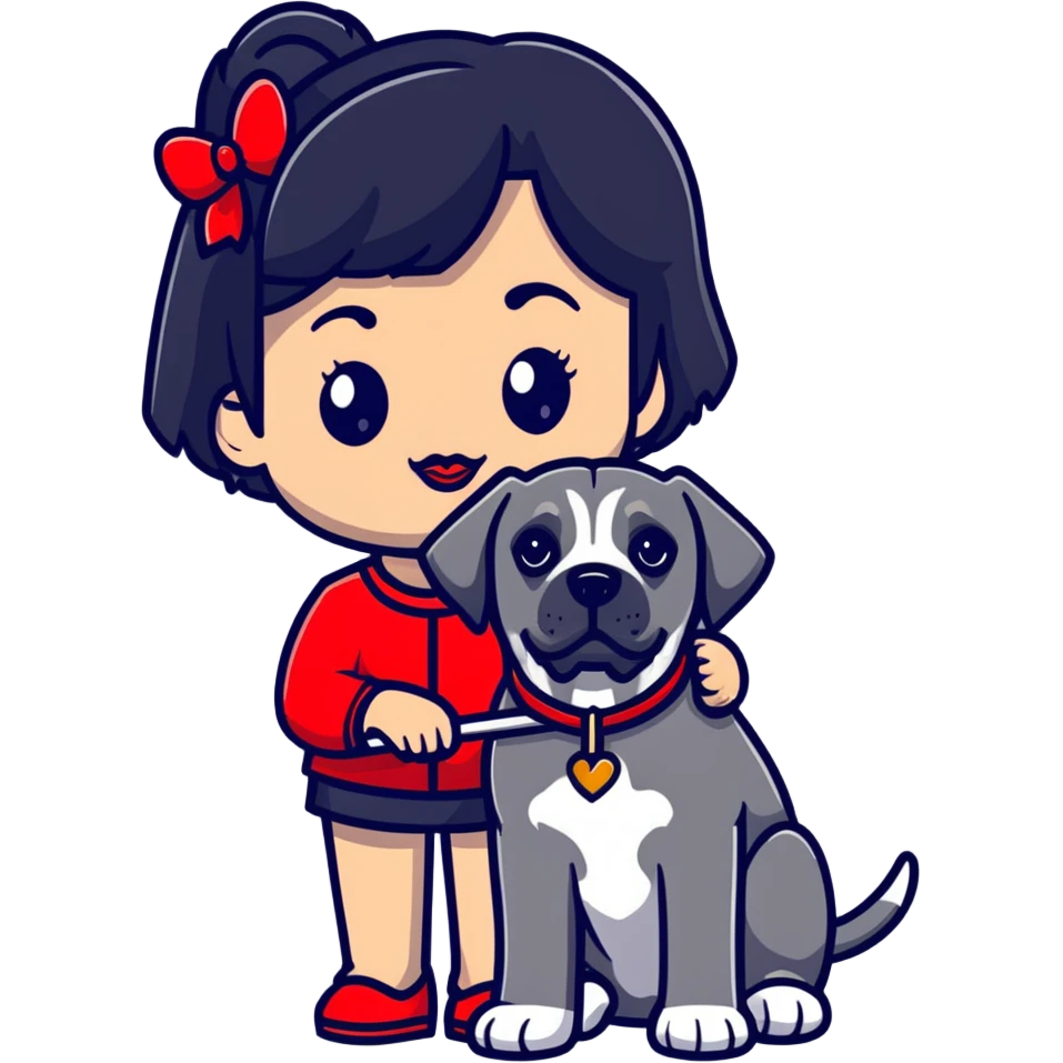 Fashionable girl with black hair and red lips with a Cane Corso dog emoji