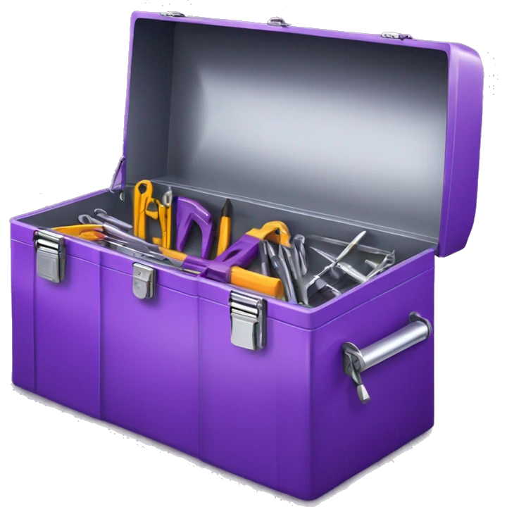 Realistic metallic purple tool box with top open and purple tools inside of it isolated.  emoji