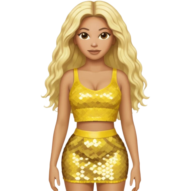 Beyonce with long platinum blonde hair, yellow sequin crop top and skirt emoji