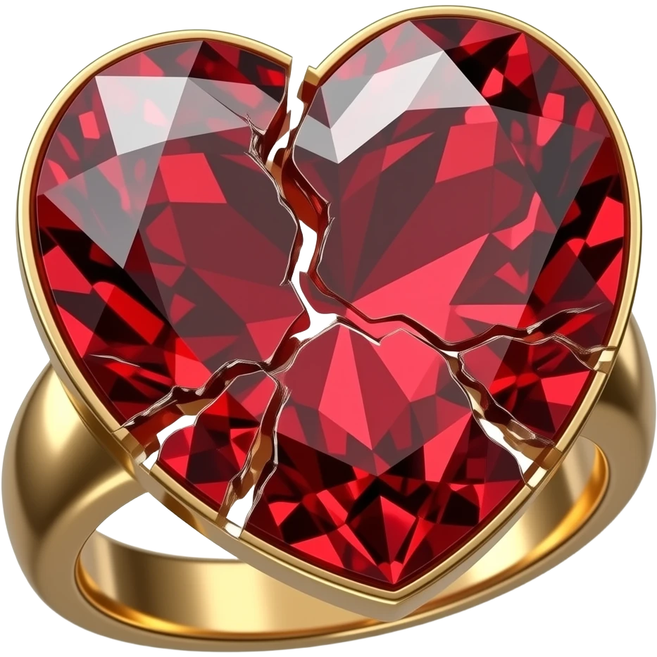 mirco-detailed ultra realistic broken heart shaped red ruby gemstone 14k realistic gold ring, isolated, rendering, 8k hd. No emoji icons no emoji faces  emoji