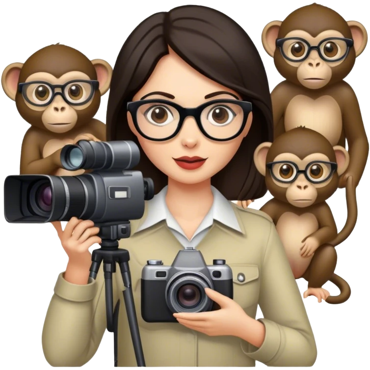 A white woman with dark hair and glasses with monkeys in the background and holding a video camera emoji