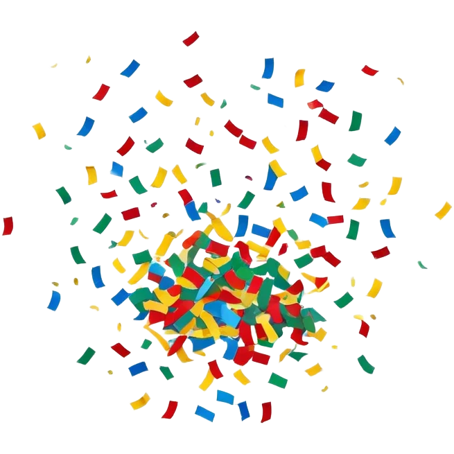 Colorful confetti pieces floating in the air, scattered randomly with a sense of motion. The confetti includes small paper strips and round shapes in vibrant colors like red, blue, yellow, and green. Soft shadows and subtle transparency give a light and festive feel. Flat, modern illustration, clean and minimal, white background. emoji