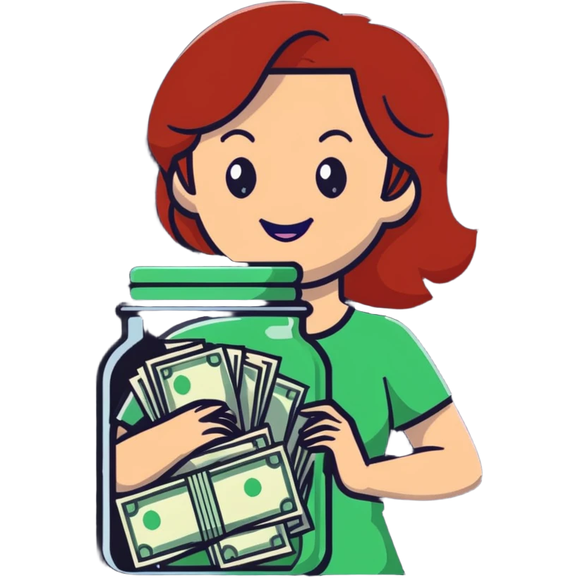 redhead woman with big smile holding glass jar with money bills inside emoji