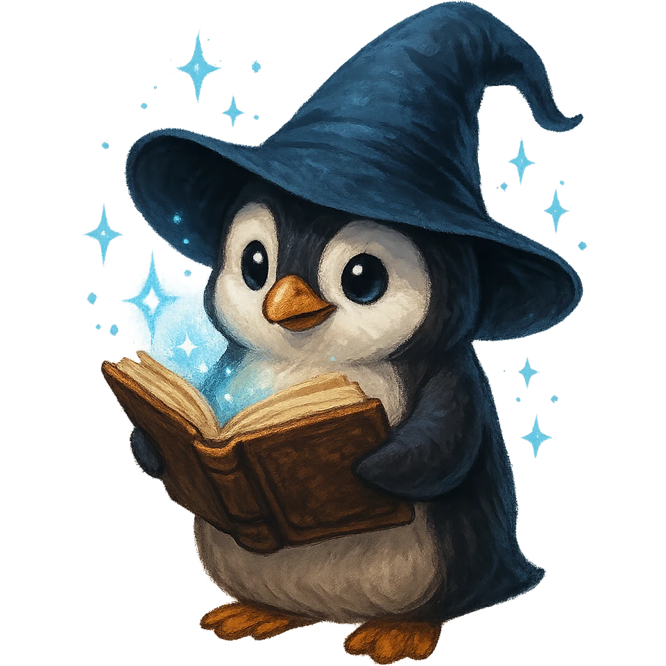 a penguin wizard holding an open spellbook, magical sparkles around, enchanting character illustration emoji