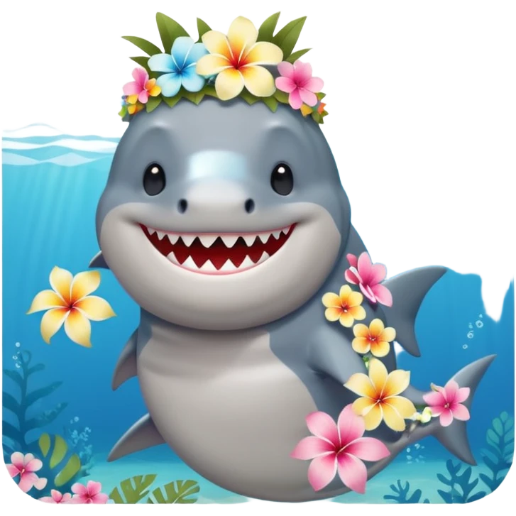A cute chubby shark with hawaii pastel flower necklace and hawaiian flower crown, posing proudly. emoji