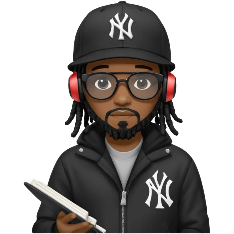 African American man with shoulder length black dreadlocks with black beard wearing black sunglasses wearing a black New York Yankees logo baseball cap wearing a black bubble winter coat wearing headphones writing a rap song in notebook emoji