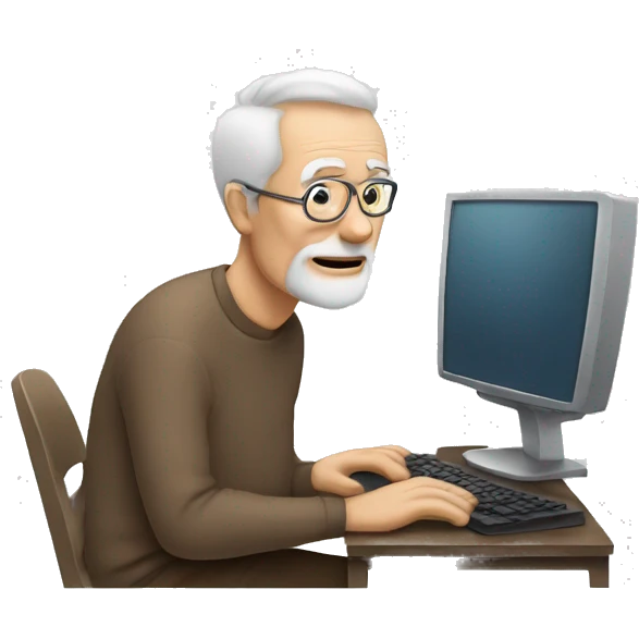 Old man with a computer and a coffee cup looking at the computer emoji