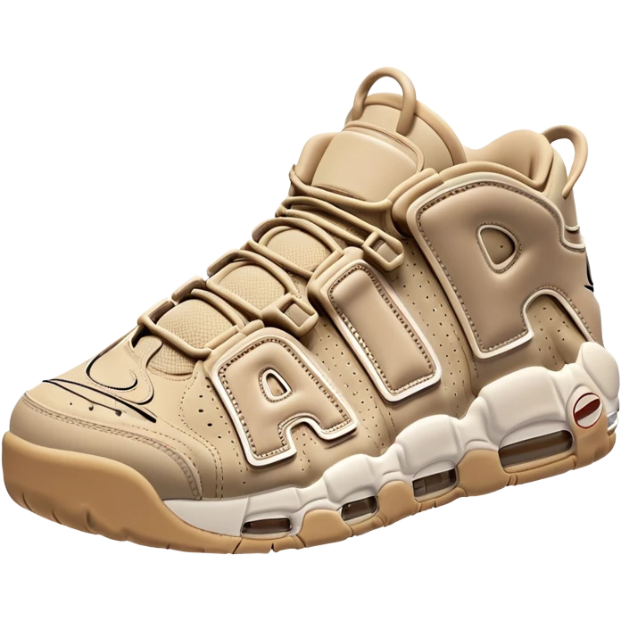 Simple clean pair of beige Nike Air More Uptempo sneakers arranged as a matching pair, minimal detailing but with distinct AIR lettering emoji