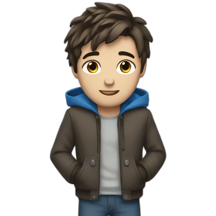 a guy with an emo haircut and brown hair.  He has a blue jacket and blue eyes. emoji