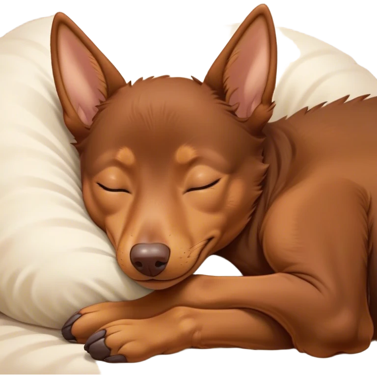 Meme-Worthy Cute Sleeping Brown and Tan Kelpie Portrait Emoji, Head resting peacefully with a contented smile, showcasing a delightfully agile build and a luxuriously soft brown and tan Fur, eyes shut in a serene nap, Simplified yet hilariously adorable features, highly detailed, glowing with a soft, drowsy light, high shine, relaxed and utterly lovable, stylized with an air of playful laziness, bright and heartwarming, soft glowing outline, capturing the essence of a comically sleepy herder, so meme-worthy it feels like it could instantly become the next viral sensation of adorable slumber! emoji