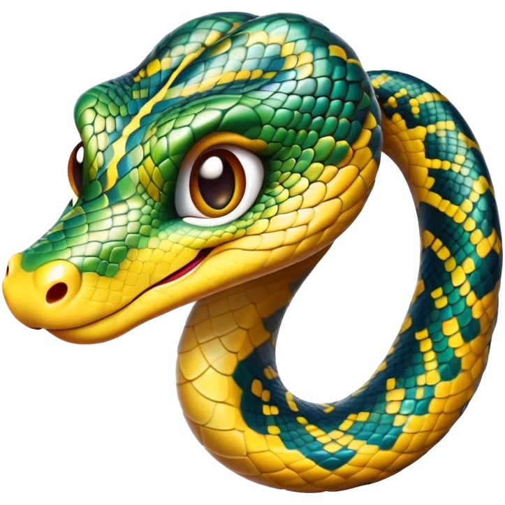 Cinematic Cute Python Portrait Emoji, Head tilted playfully and inquisitively, with a sleek, patterned body accented by vibrant scales and round, sparkling eyes full of charm, Simplified yet irresistibly adorable features, highly detailed, glowing with a warm, inviting glow, high shine, affectionate and lively, stylized with a touch of exotic whimsy, bright and endearing, soft glowing outline, capturing the essence of a mischievous yet loving python that seems as if it could slither out of the screen into your arms! emoji