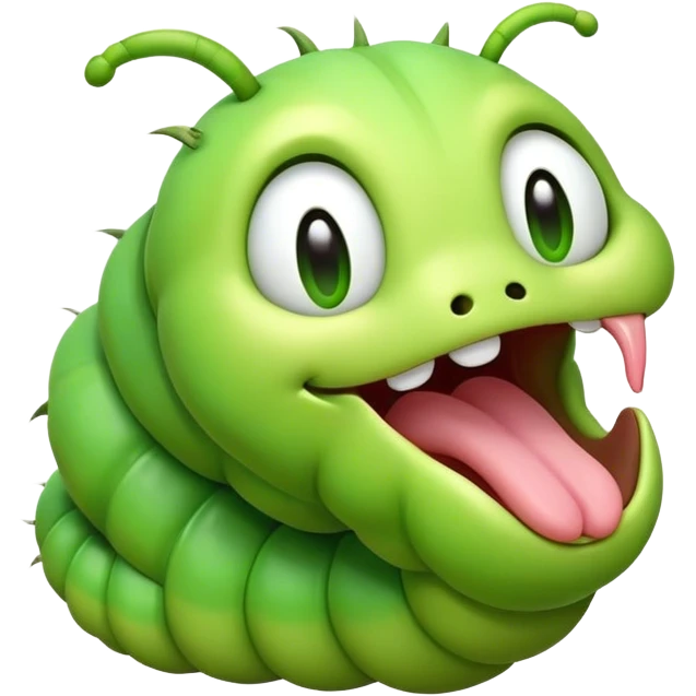 Cinematic Realistic Cute Yawning Caterpillar Portrait Emoji, Head tilted slightly with a dramatic, wide-open yawn, showcasing a soft, downy segmented body in vivid green with subtle drooping and half-closed, drowsy eyes, rendered with intricate natural texture and gentle shadows, high shine, relaxed yet expressive, styled with a dash of woodland charm, soft glowing outline, capturing the essence of a sleepy yet affectionate caterpillar that appears ready to stretch out and rest among the leaves! emoji