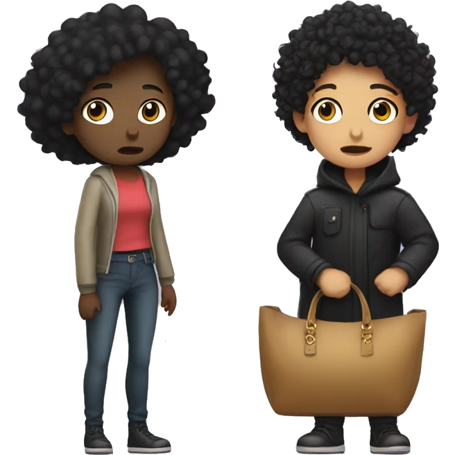  girl with black curly hair crying next to a thief with a bag emoji