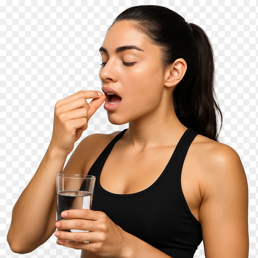 Beautiful fit brunette girl taking medicine  emoji