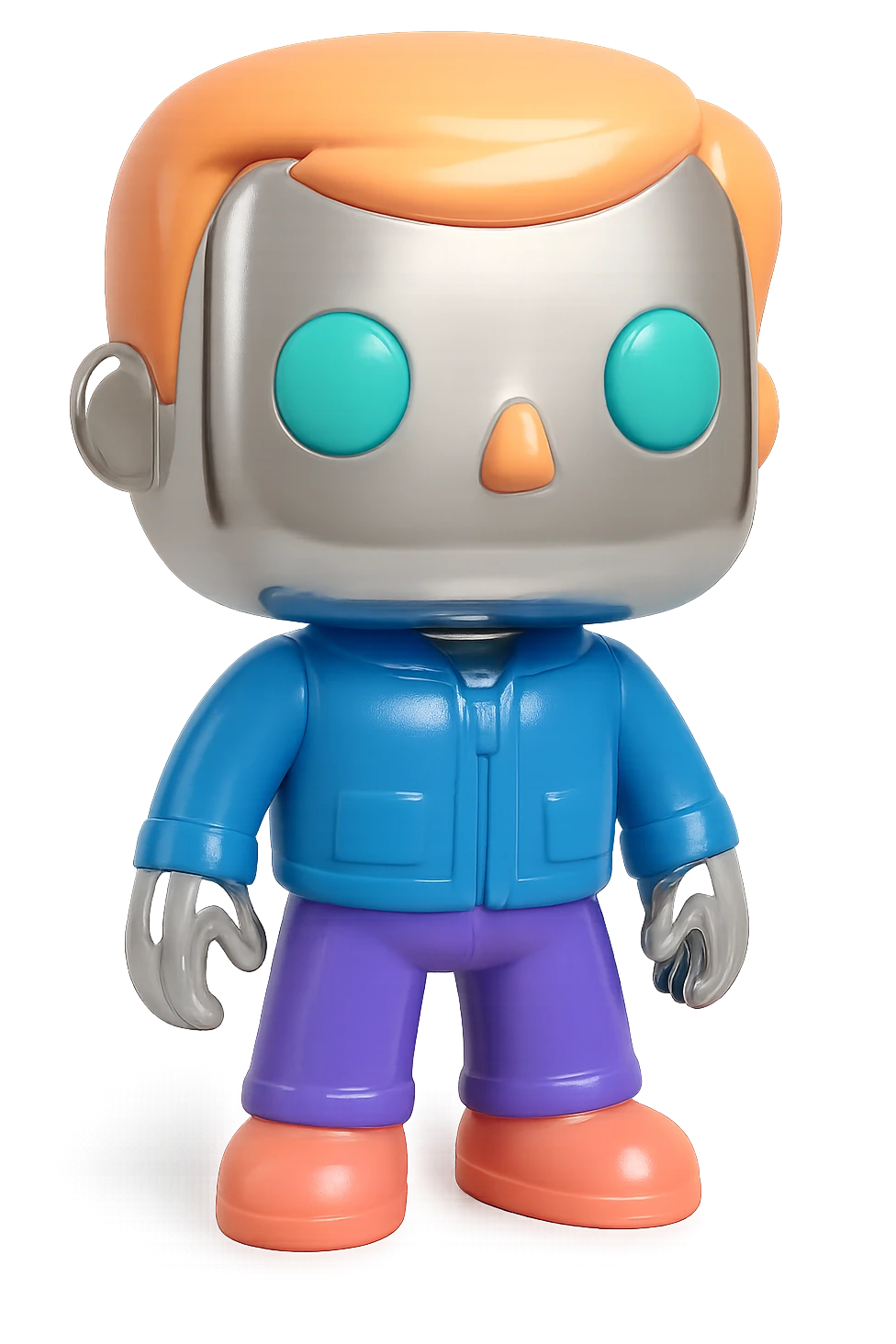 Add vibrant, bold, and playful colors to the eyes, hair, and clothes of each Funko Pop figure, while keeping their skin and overall finish chrome and shiny. The chrome effect should remain visible and prominent, with the new colors vivid and cheerful. emoji