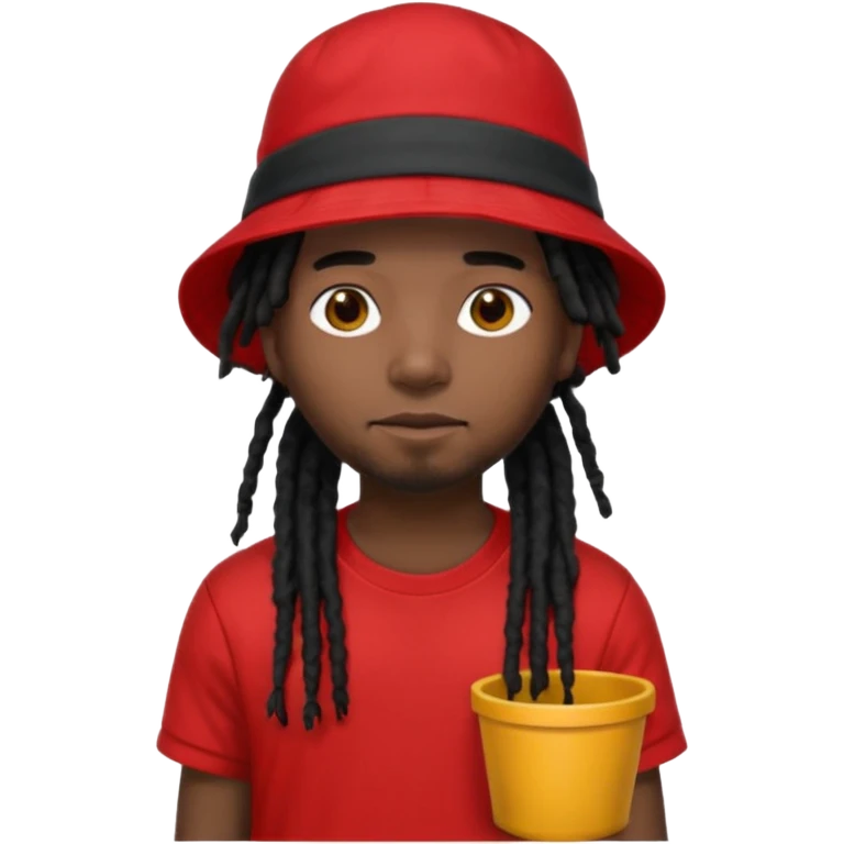 dark brown skin, black hair dreadlocks, wear red t-shirt, black bucket hat emoji