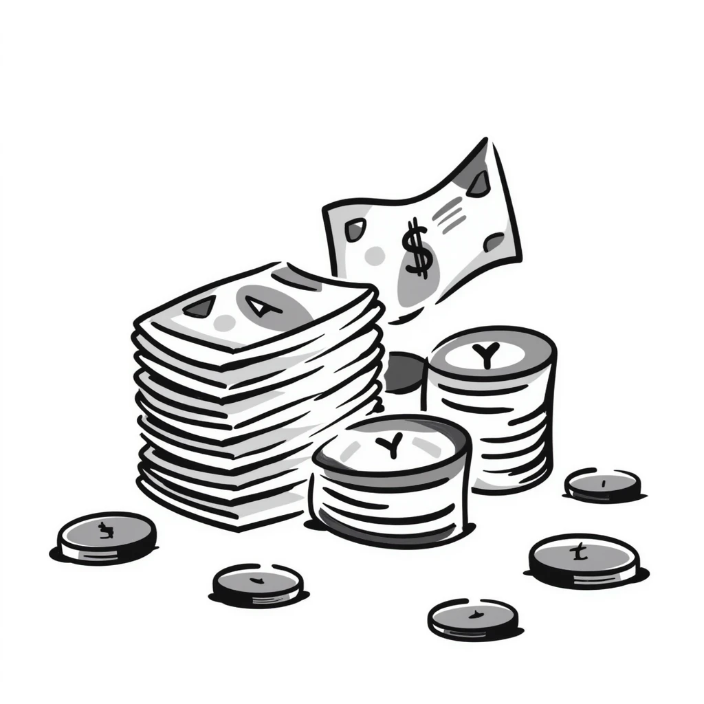 Money bills and coins, cash currency in pastel colors (dd9fb0, ffc6d3, a3bfc9, c4bee2, f1b091), hand-drawn doodle style emoji