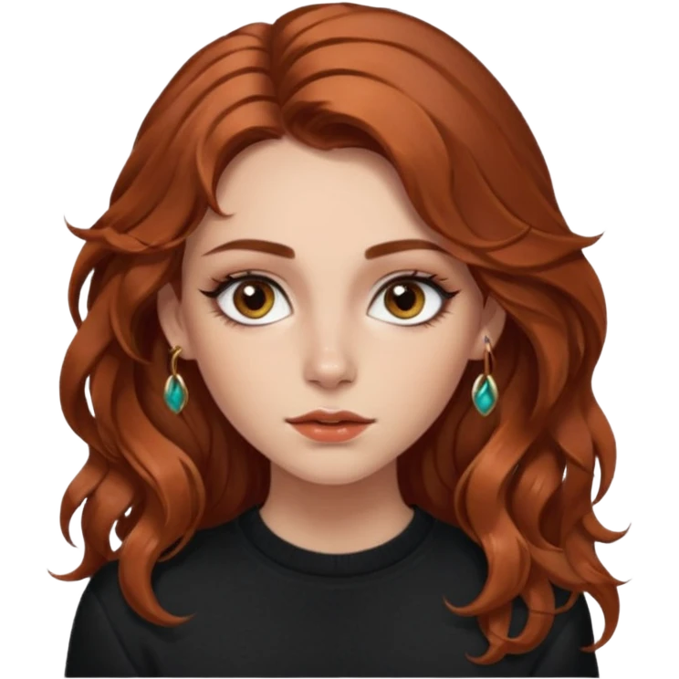 Girl with long, wavy, chestnut-colored hair with copper highlights. She has fair skin and natural eyebrows. The girl has expressive eyes, emphasized by makeup with eyeliner. She also has a nose and lip piercing (labret). The girl is wearing a black sweater. emoji