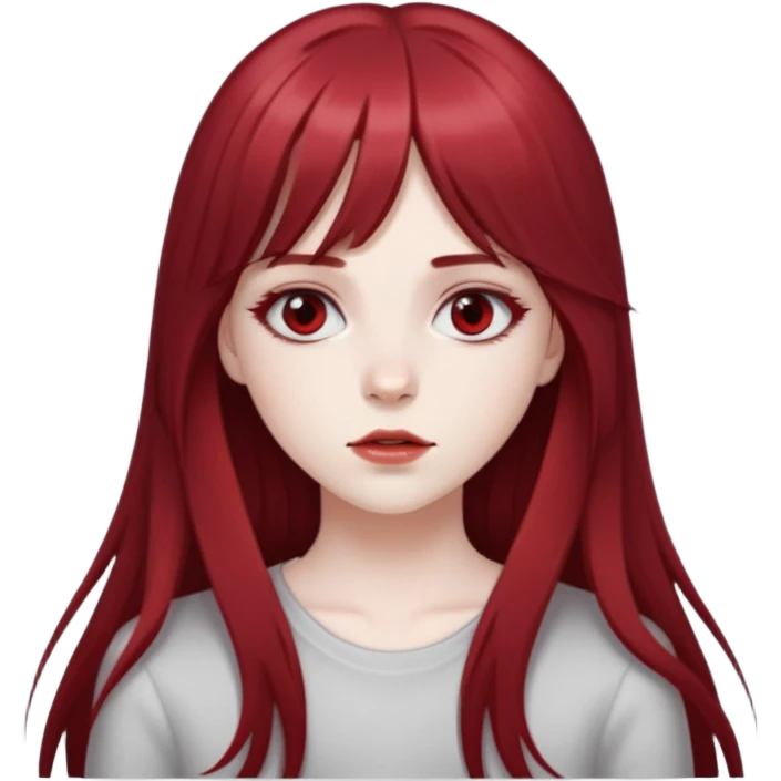 pale girl with deep red and long hair, having a long middle bang on her face, her eyes are greyish in colour emoji