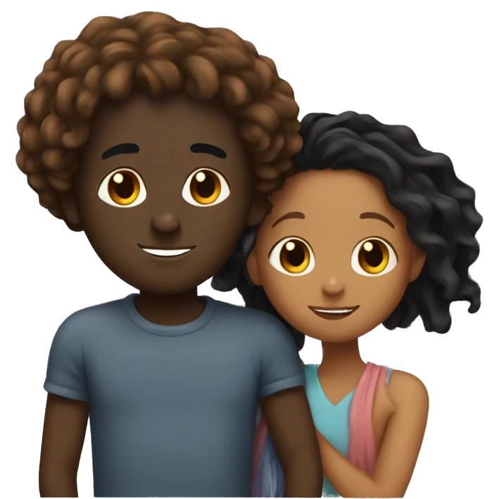 Brown girl with wavy hair hugging black boy who has dreads  emoji