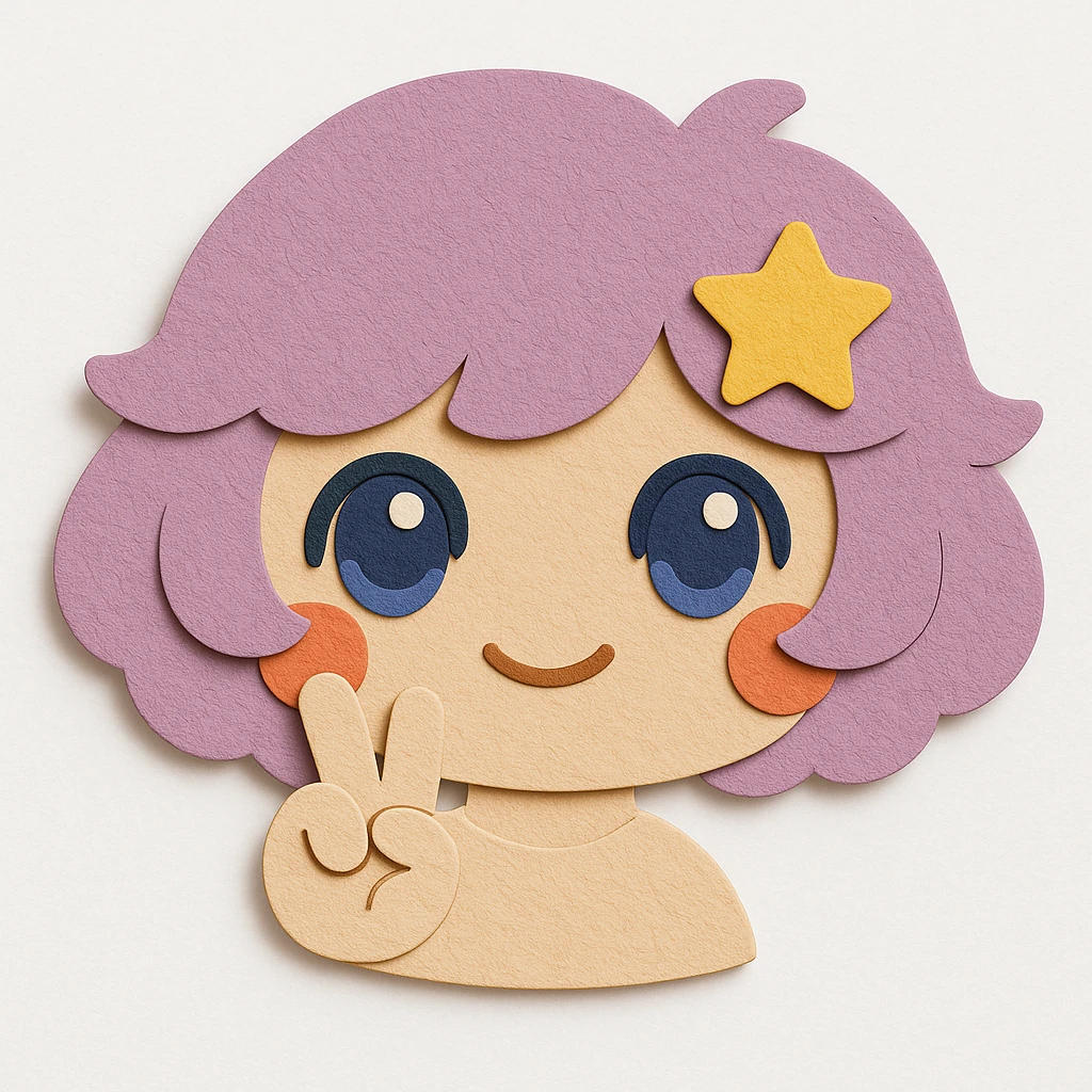 Edit the image to ensure the eyes are exactly the same in color, shape, and style as the reference. Remove the yellow moon from the hair. Remove the body, keeping only the head and the peace sign hand gesture. Preserve all other features and colors exactly as in the reference image, including the yellow star in the hair, hair color, blush, and paper craft style. Clean lines, transparent background. emoji