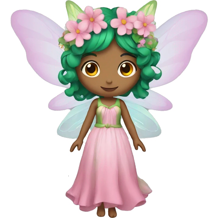 A fairy, green hair, wings, pink dress with flowers  emoji
