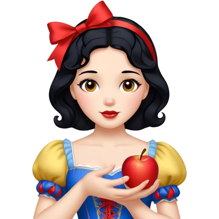 Cinematic Realistic Snow White Portrait, depicted with lifelike skin texture, soft natural lighting, and intricately detailed black hair styled with a red ribbon. Her soft brown eyes radiate innocence and kindness, complemented by a warm, gentle smile. She holds an apple in one hand, her other hand resting against her cheek, embodying her purity and charm. She is dressed in her classic yellow, blue, and red gown, the fabric rich in texture with delicate folds that catch the light beautifully. The portrait features a soft, natural glow with a radiant finish, capturing the essence of timeless beauty in a realistic and painterly style. emoji